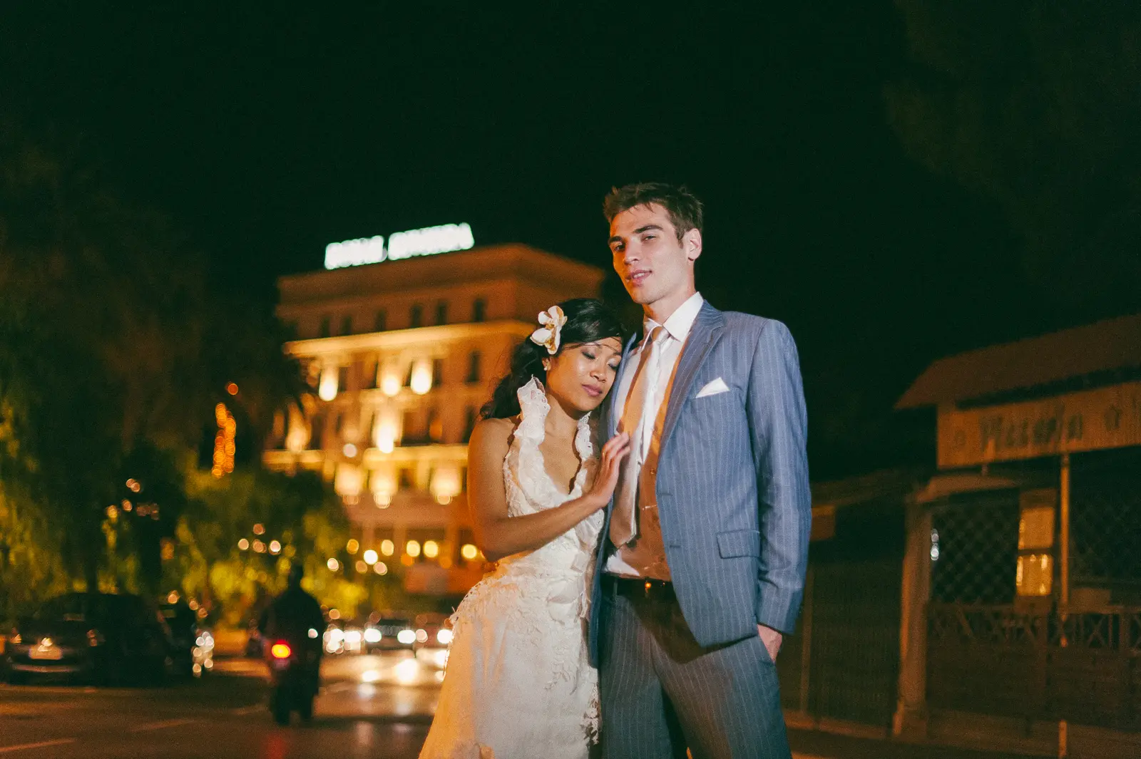 Bride and groom photographed at night in Monte-Carlo